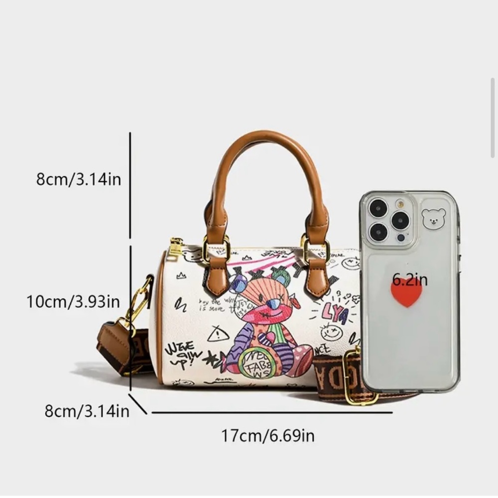 NIP Graffiti Bear Mini Barrel Bag Top Handle Crossbody White Brown Tan - Picture 2 of 7